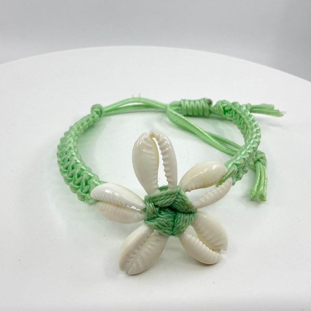 Green Cord Cowrie Shell Flower Bracelet Boho Beach Festival Statement Jewelry